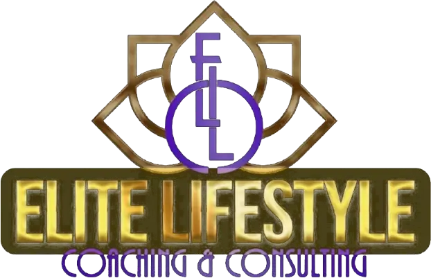 Elite Lifestyle Coaching & Consulting logo in gold and purple with stylized flower and "ELL" monogram.